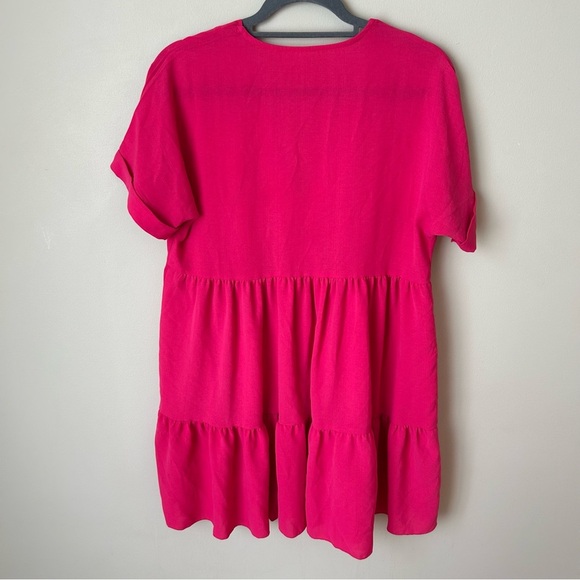 SHEIN Ruffle Hem Solid Hot Barbie Pink V-Neck Flowy Mini Dress Women’s Small - Picture 4 of 7